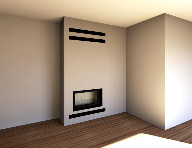 Minimalistyczny kominek wbudowany w ścianę, z poziomymi czarnymi akcentami. Jasne wnętrze, drewniana podłoga. Nowoczesny design.