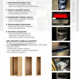 Katalog z wizualizacjami wnętrz szaf na wymiar: szuflady z przezroczystymi ściankami, wysuwane półki na buty, szuflada z podświetlanym panelem dotykowym, szafa narożna z drążkiem i półkami.