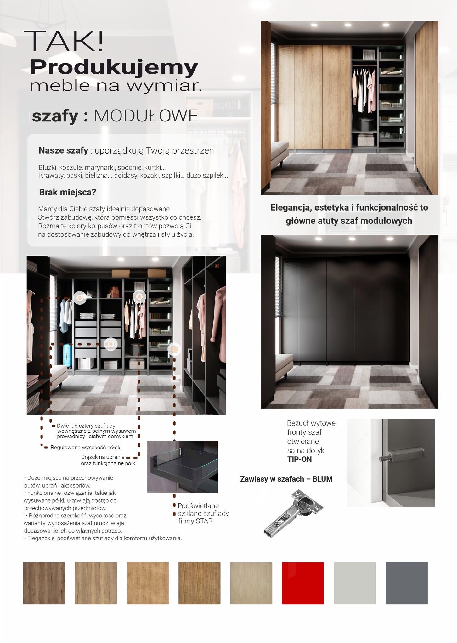 Kolaż reklamowy prezentujący różne warianty modułowych szaf wnękowych z podświetlanymi szklanymi szufladami, bezuchwytowymi frontami i zawiasami Blum.