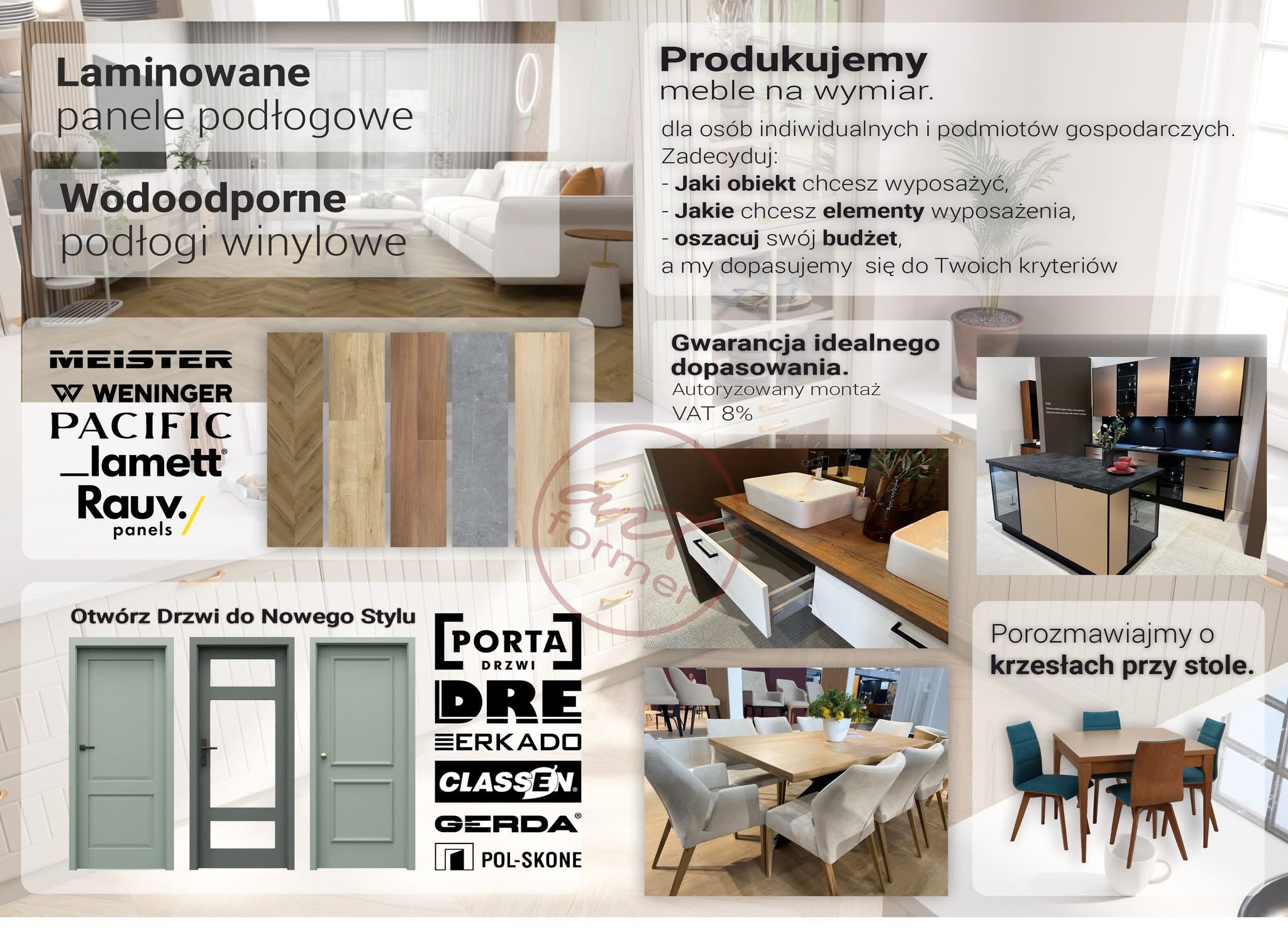 Kompozycja reklamowa prezentująca panele podłogowe, drzwi wewnętrzne różnych producentów, meble kuchenne i stoły z krzesłami.