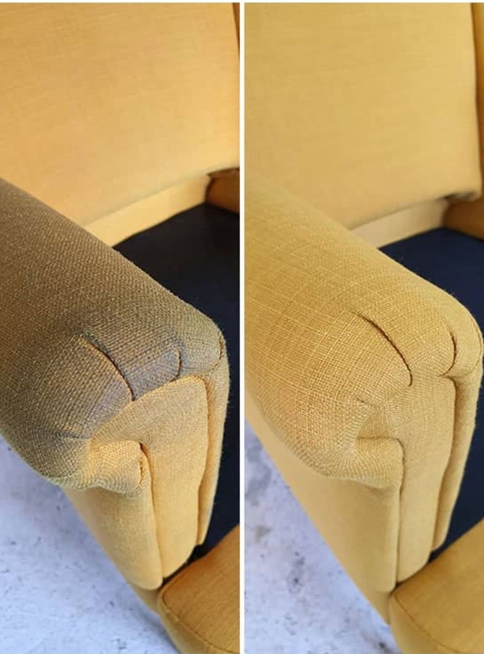 Żółty fotel tapicerowany: ramię przed i po czyszczeniu, widoczna różnica w kolorze i usunięcie zabrudzeń.