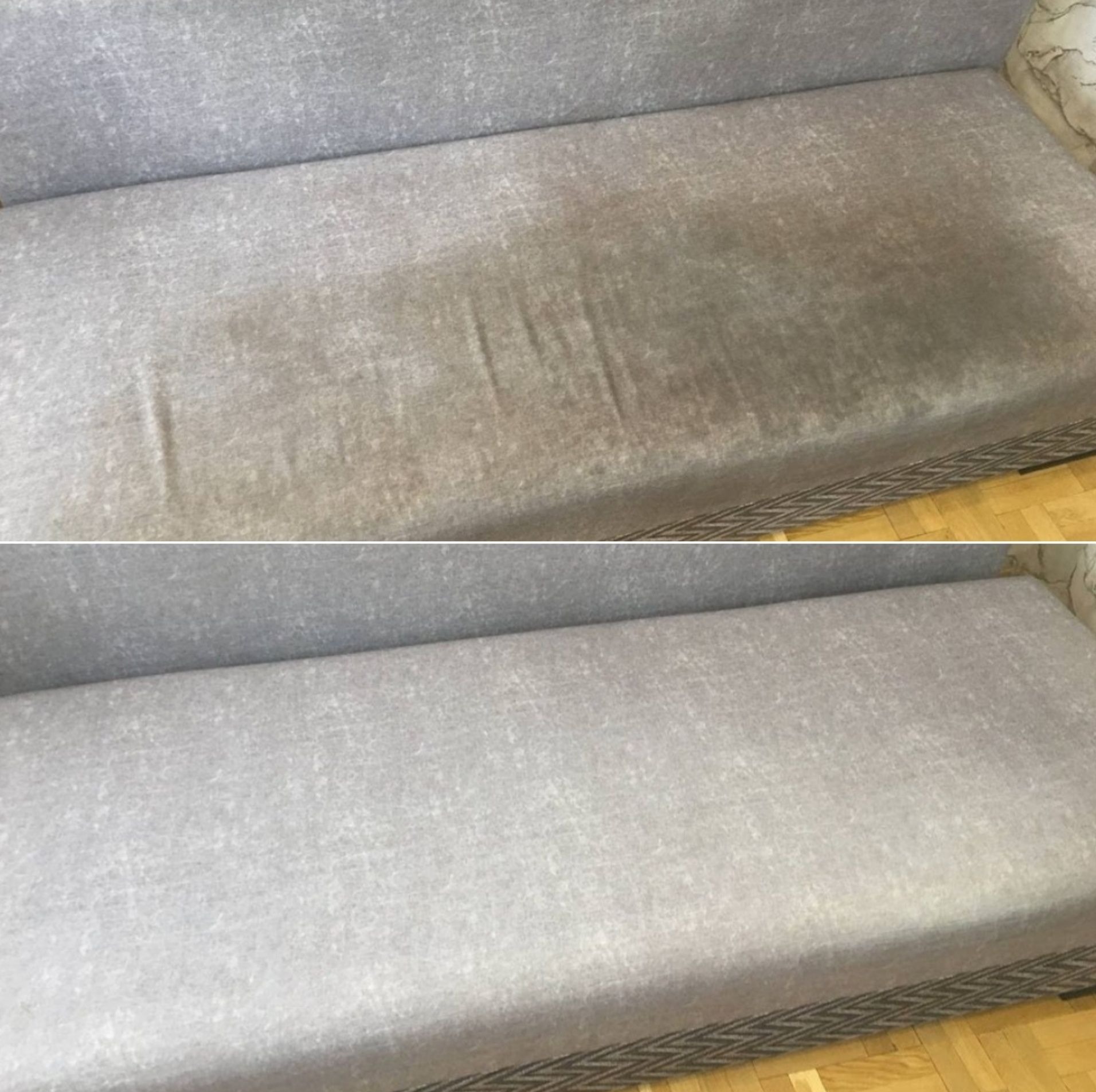Porównanie stanu kanapy przed i po czyszczeniu, widoczne wyraźne usunięcie zabrudzeń z szarej tapicerki.