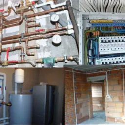 Kolaż zdjęć przedstawiających instalacje: miedziane rury z zaworami i manometrami na ścianie, rozdzielnica elektryczna z przewodami, grzejnik z zbiornikiem wyrównawczym oraz instalacja elektryczna...