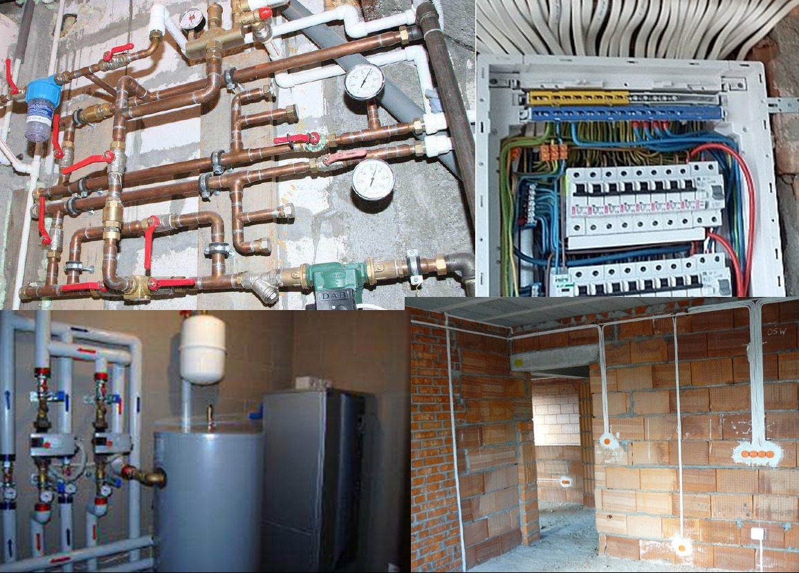 Kolaż zdjęć przedstawiających instalacje: miedziane rury z zaworami i manometrami na ścianie, rozdzielnica elektryczna z przewodami, grzejnik z zbiornikiem wyrównawczym oraz instalacja elektryczna...