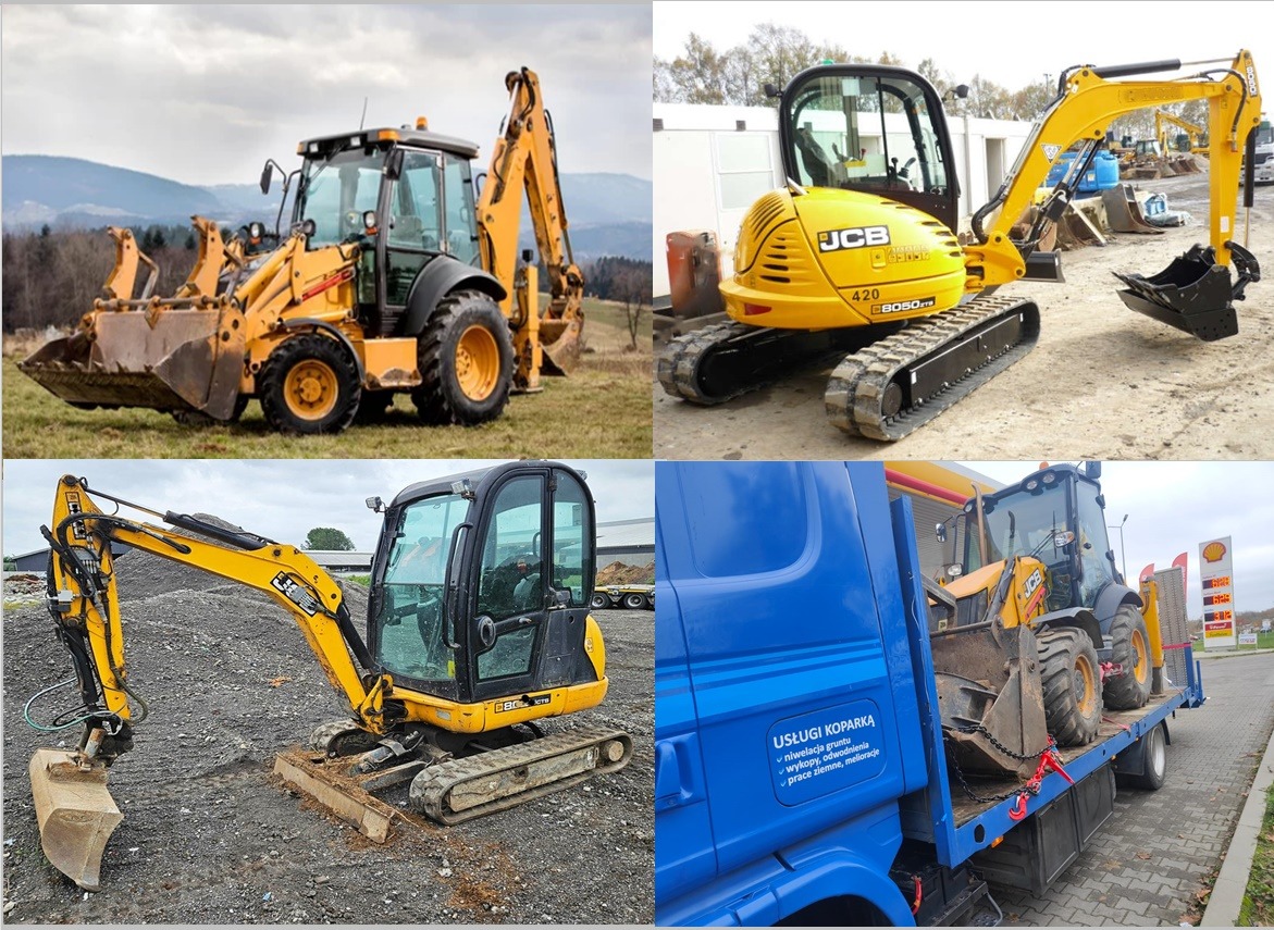 Zestawienie różnych maszyn budowlanych: koparko-ładowarka na tle łąki, minikoparka na gąsienicach na placu budowy, minikoparka na gąsienicach na betonie oraz koparko-ładowarka transportowana...