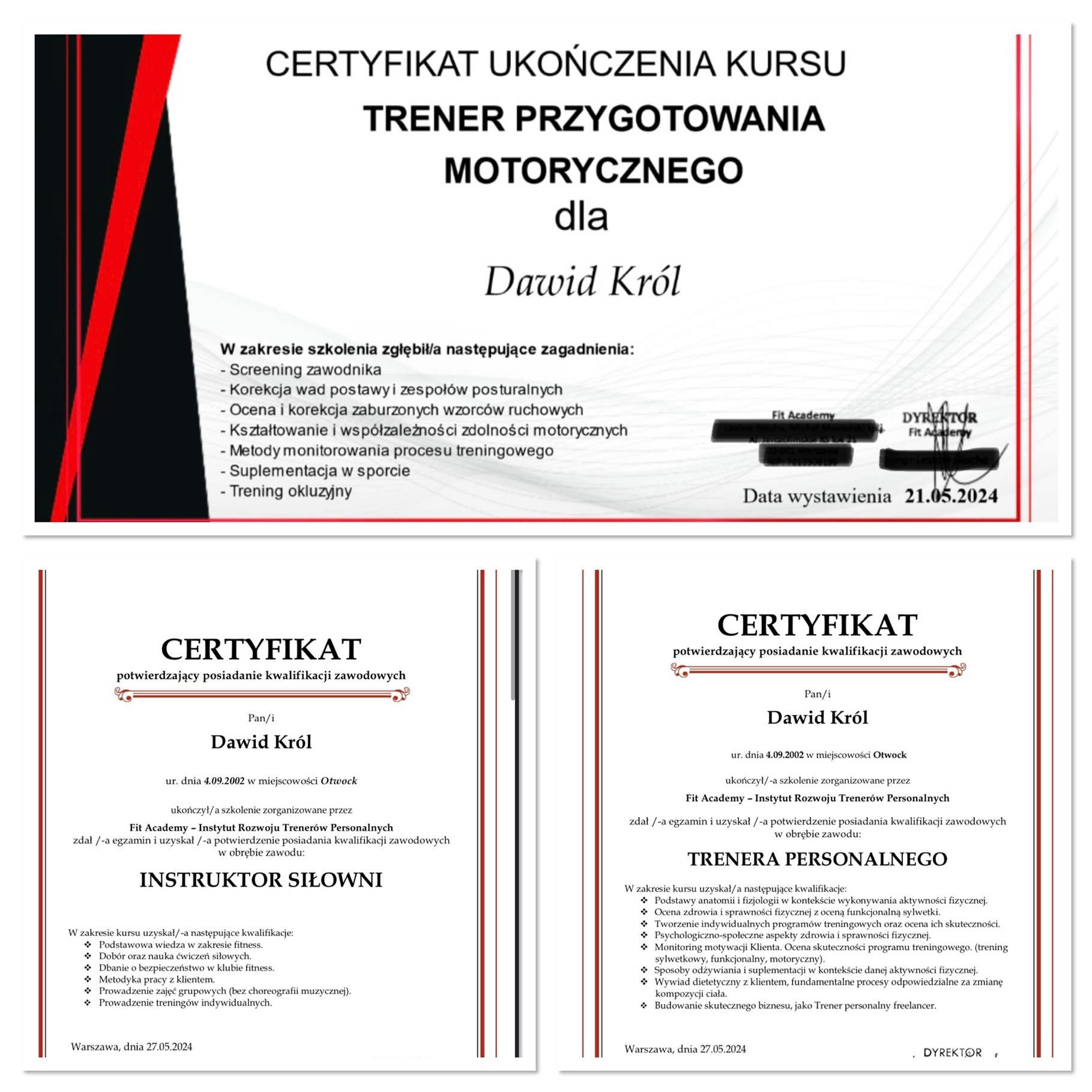Skan certyfikatów ukończenia kursów dla instruktora siłowni, trenera personalnego i trenera przygotowania motorycznego, wystawionych dla Dawida Króla przez Fit Academy, z wyszczególnionymi...
