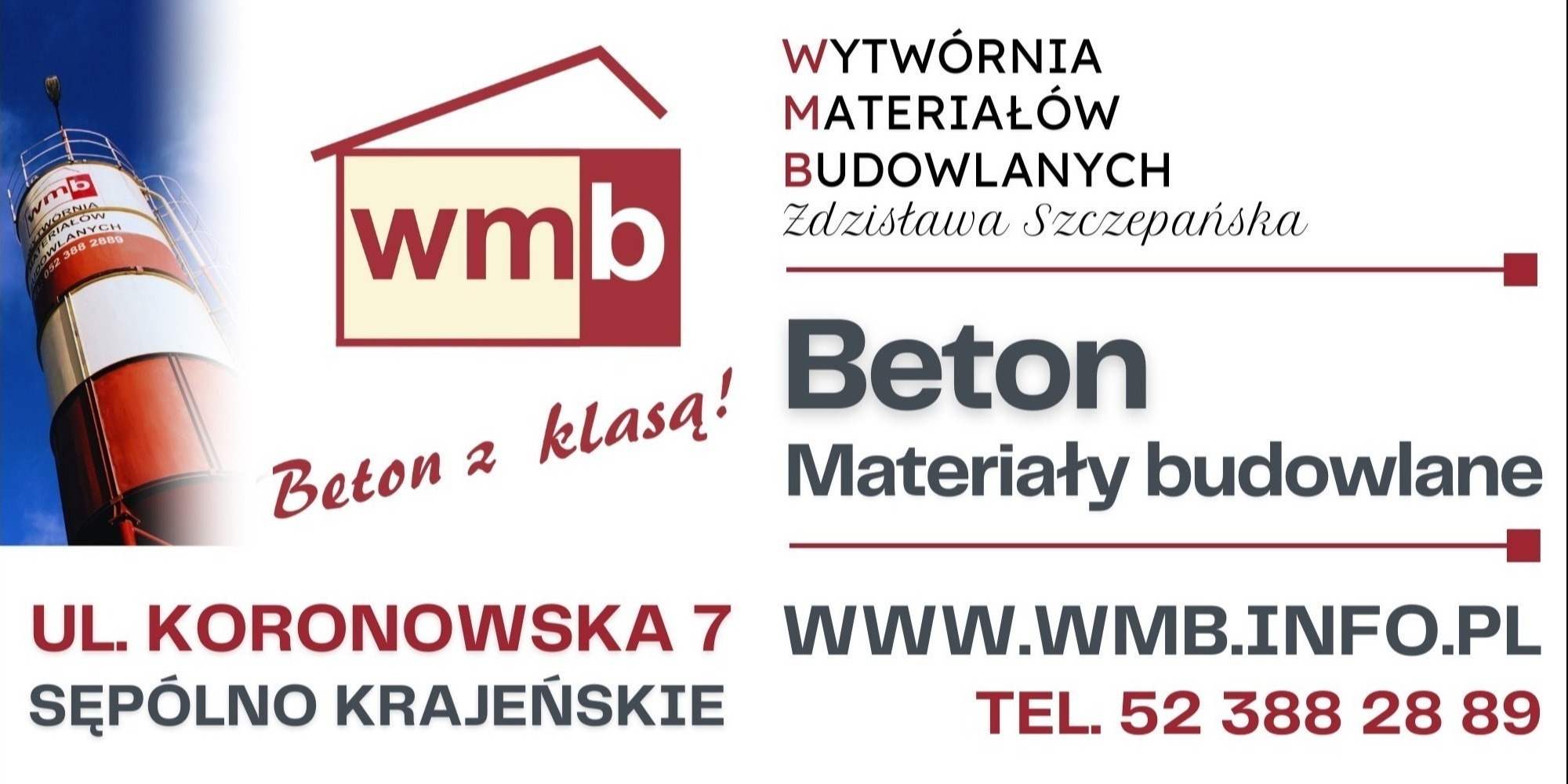 Wizytówka firmy WMB, producenta materiałów budowlanych, z adresem, numerem telefonu i adresem strony internetowej, obok sylosu do przechowywania materiałów sypkich.