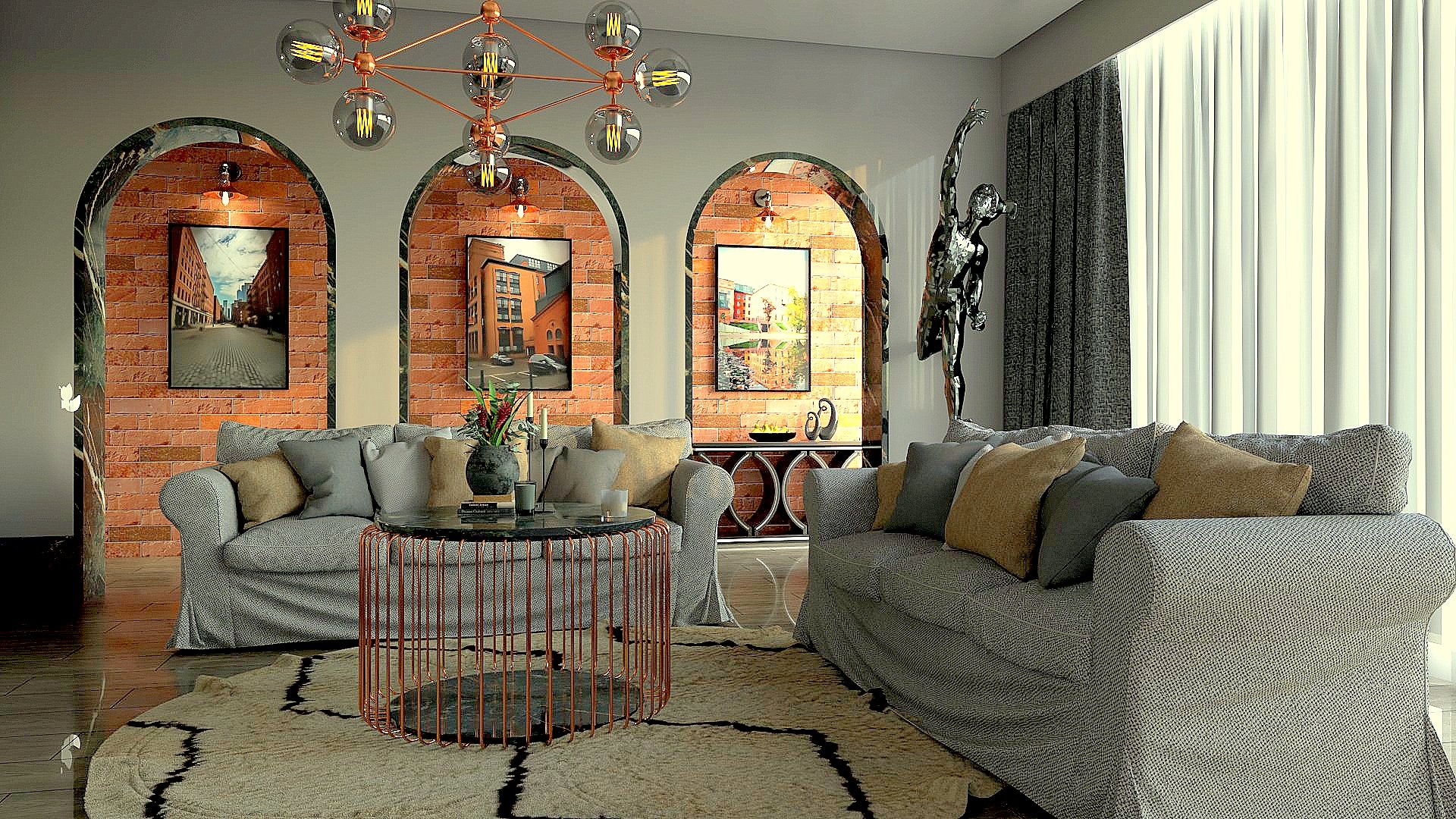 Salon w stylu eklektycznym z ceglanymi wnękami, szarymi sofami, miedzianym stolikiem kawowym i nowoczesnym żyrandolem z żarówkami Edisona.