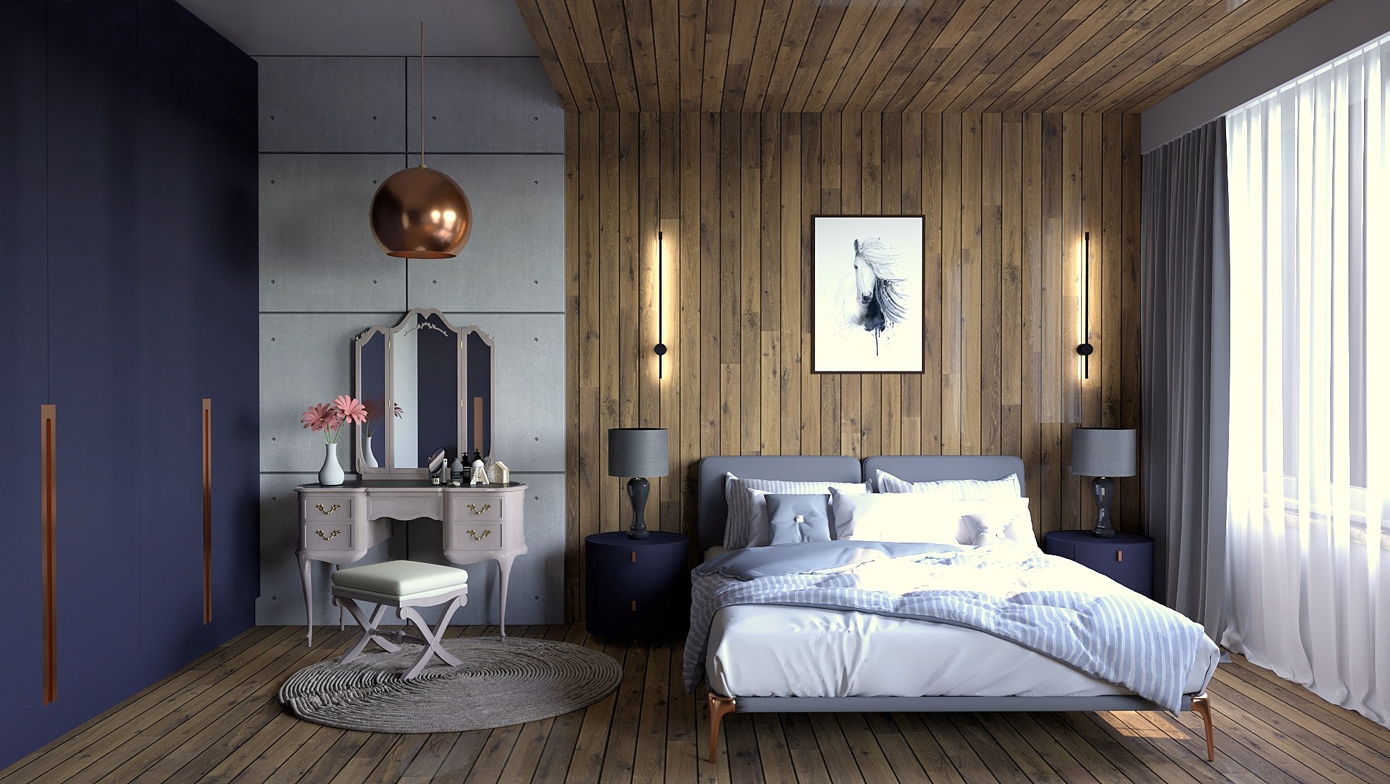Nowoczesna sypialnia z drewnianą ścianą, łóżkiem z szarą pościelą, toaletką w stylu vintage i miedzianą lampą wiszącą.