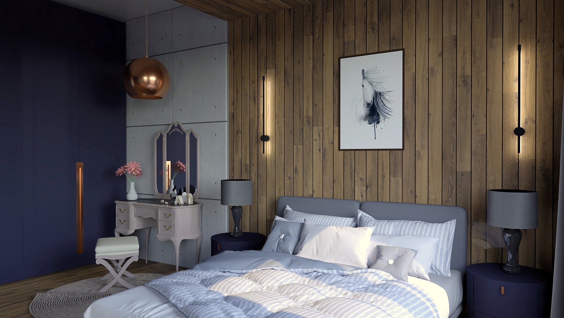 Nowoczesna sypialnia z drewnianą ścianą, łóżkiem z szarą ramą i pościelą w paski, toaletką w stylu vintage, oraz obrazem konia na ścianie.