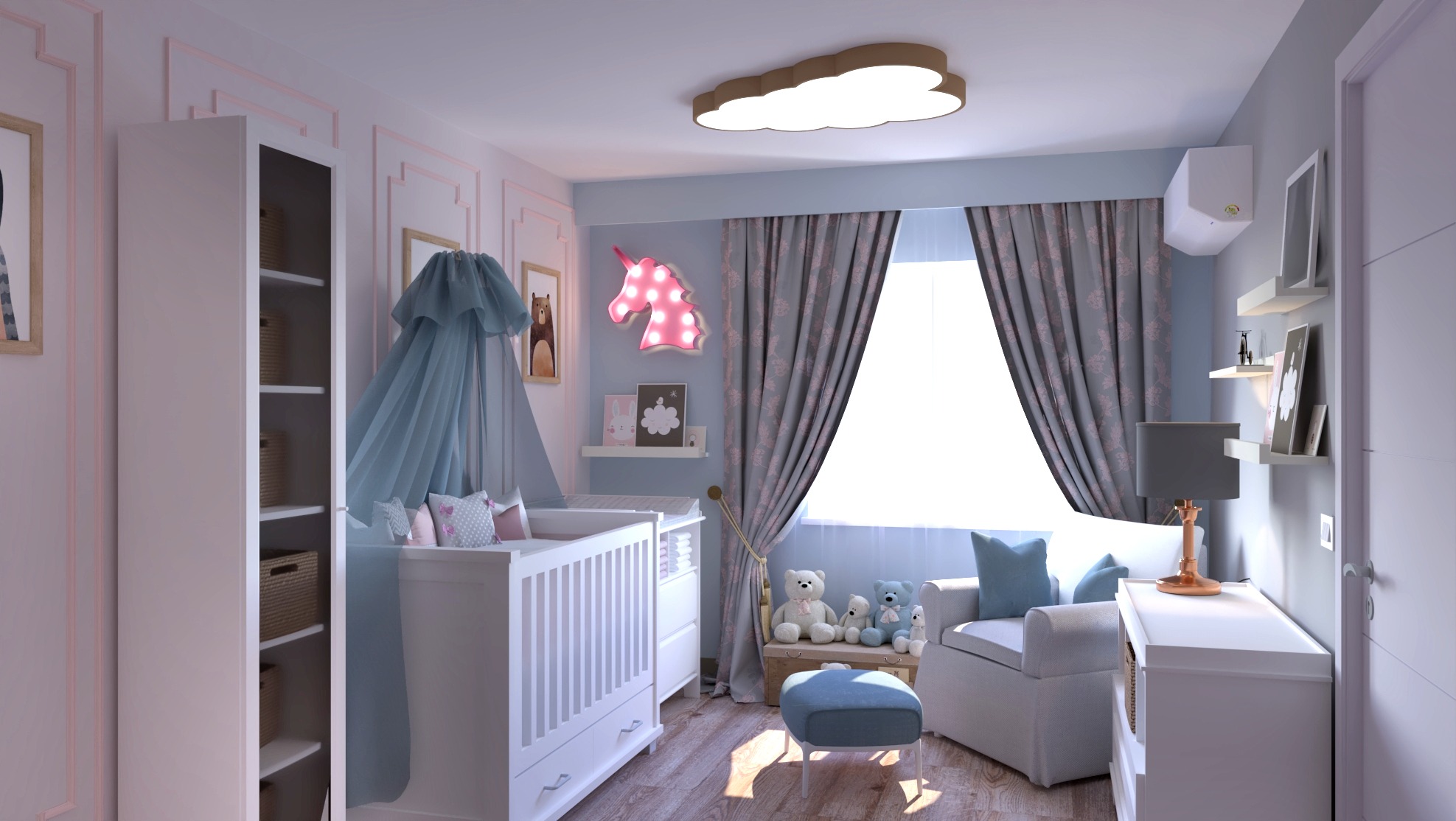 Jasny pokój dziecięcy z białym łóżeczkiem pod baldachimem, szafą z półkami, pluszowymi zabawkami, siedziskiem i lampką nocną na komodzie. Na ścianie neon w kształcie jednorożca.