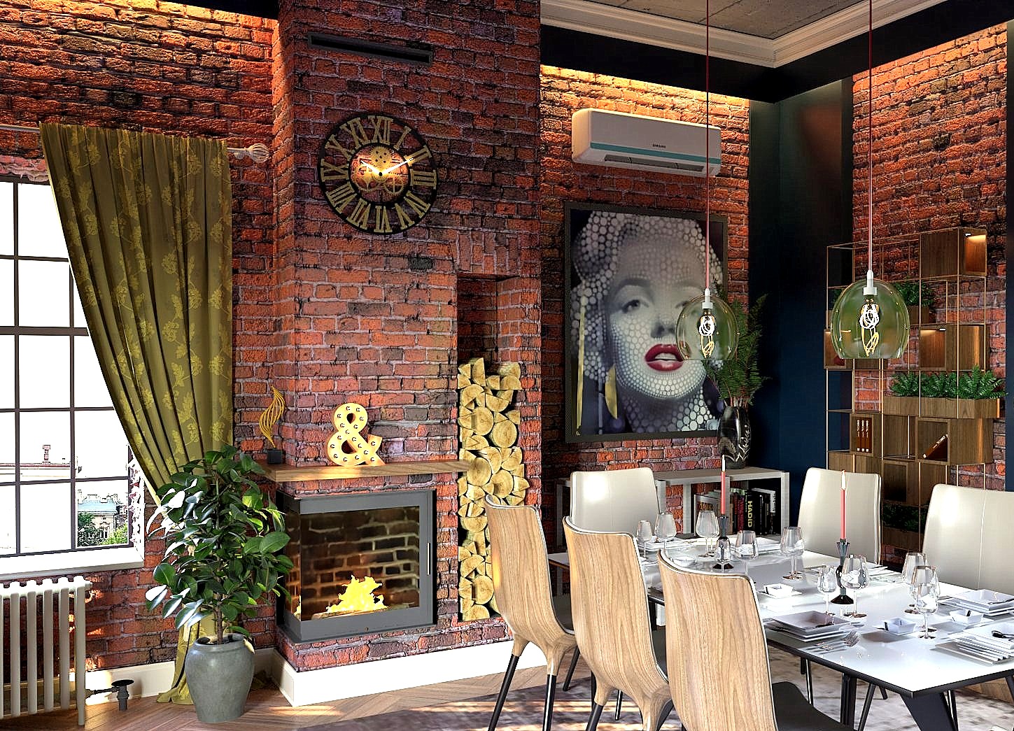 Jadalnia w stylu loft z ceglaną ścianą, kominkiem z paleniskiem, zegarem ściennym, obrazem Marilyn Monroe i nowoczesnym oświetleniem nad stołem.
