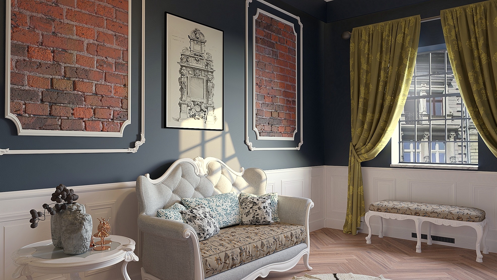 Elegancki salon z szarą sofą w stylu Ludwika, dekoracjami ściennymi imitującymi cegłę w białych ramach, rysunkiem architektonicznym i złoto-zielonymi zasłonami, doświetlony naturalnym światłem z okna.