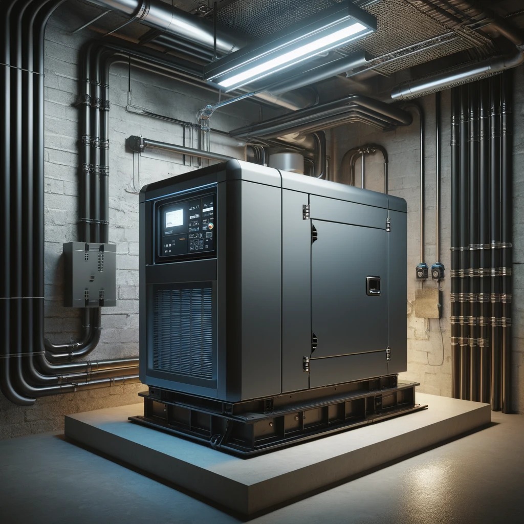 Czarny agregat prądotwórczy zainstalowany w pomieszczeniu technicznym z widocznymi rurami instalacyjnymi na ścianach i suficie.