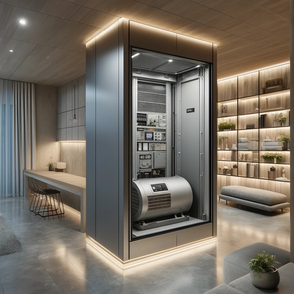 Szafa serwerowa z osprzętem i dużym cylindrycznym wentylatorem w nowoczesnym, minimalistycznym wnętrzu z podświetleniem LED.