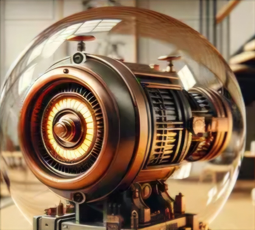 Steampunkowy silnik elektryczny w szklanej kuli, z miedzianymi i czarnymi elementami, oświetlony od wewnątrz, na tle neutralnego pomieszczenia.
