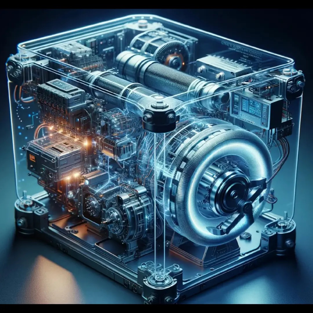 Kompleksowy mechanizm w przezroczystej obudowie, z licznymi przewodami i elementami elektronicznymi, oświetlony niebieską poświatą, ukazujący zaawansowaną inżynierię.