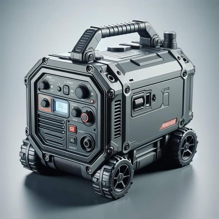 Przenośny generator elektryczny z wyświetlaczem LCD, czarną obudową i wbudowanymi kółkami, na szarym tle.