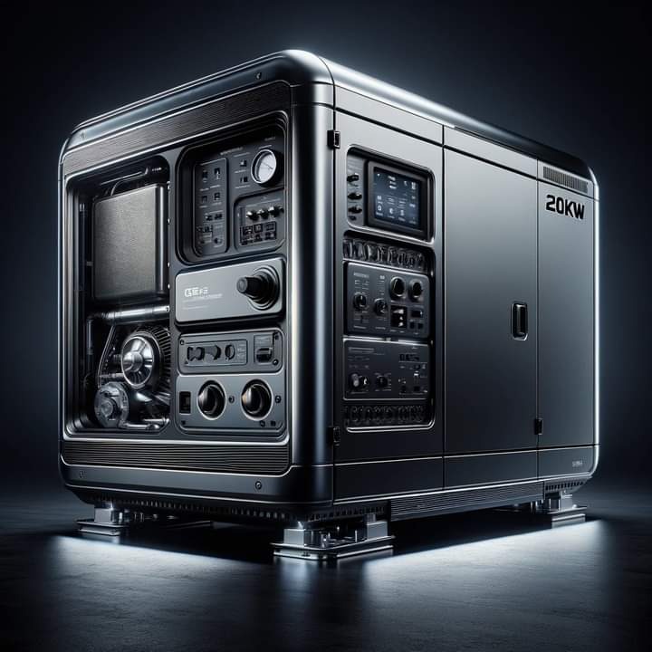 Nowoczesny, czarny generator prądu 20kW z otwartą obudową, ukazującą wewnętrzne komponenty, umieszczony na metalowych podstawach w ciemnym otoczeniu.
