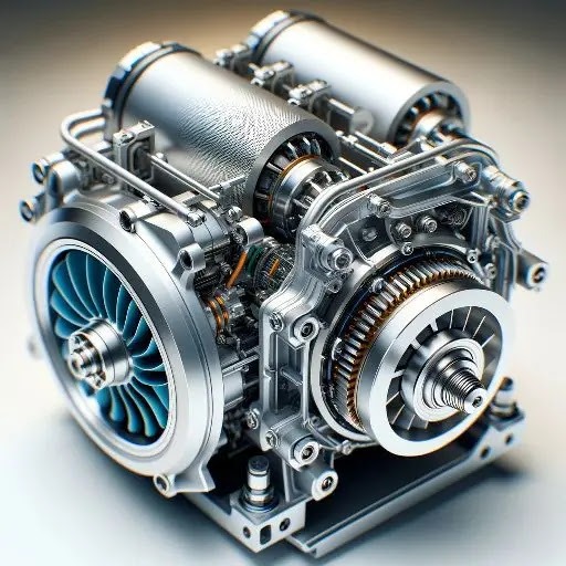 Szczegółowe ujęcie skomplikowanego, srebrnego silnika z niebieskimi akcentami turbiny, złożonego z wielu elementów mechanicznych, w tym zębatek i rurek, na jasnym tle.
