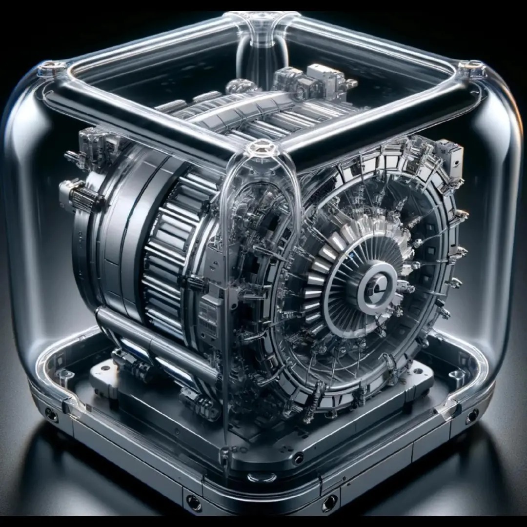 Szczegółowy widok silnika turbinowego w przezroczystej, sześciennej obudowie, ukazujący skomplikowaną konstrukcję i precyzję wykonania.