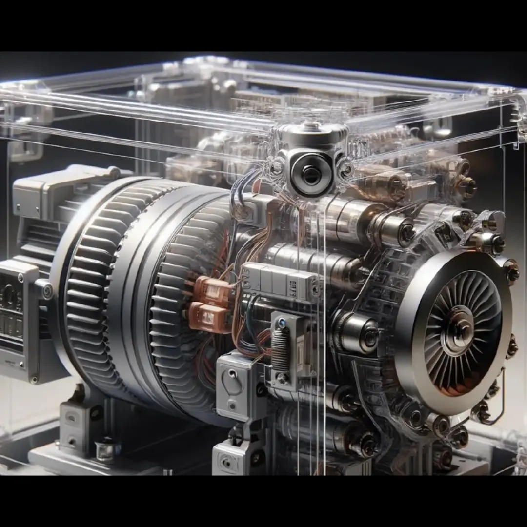 Szczegółowe ujęcie generatora elektrycznego umieszczonego w przezroczystej obudowie, ukazujące jego skomplikowaną budowę i liczne przewody.