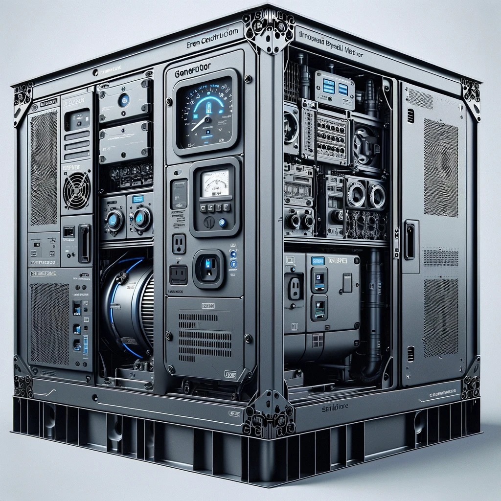 Szczegółowe ujęcie przemysłowego generatora w metalowej obudowie, z widocznymi wskaźnikami, gniazdkami i elementami sterującymi, oświetlonymi niebieskim światłem.