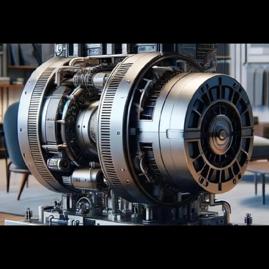 Skomplikowana, metalowa konstrukcja przypominająca turbinę lub silnik, z licznymi detalami i przewodami, ustawiona na platformie w pomieszczeniu z meblami w tle.