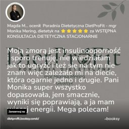 Poradnia Dietetyczna DietProFit - mgr Monika Mering, dietetyk - Opinia zadowolonej klientki o poradni dietetycznej DietProFit mgr Moniki Mering. Pięć gwiazdek za konsultację stacjonarną i poprawę wyników. Polecam!