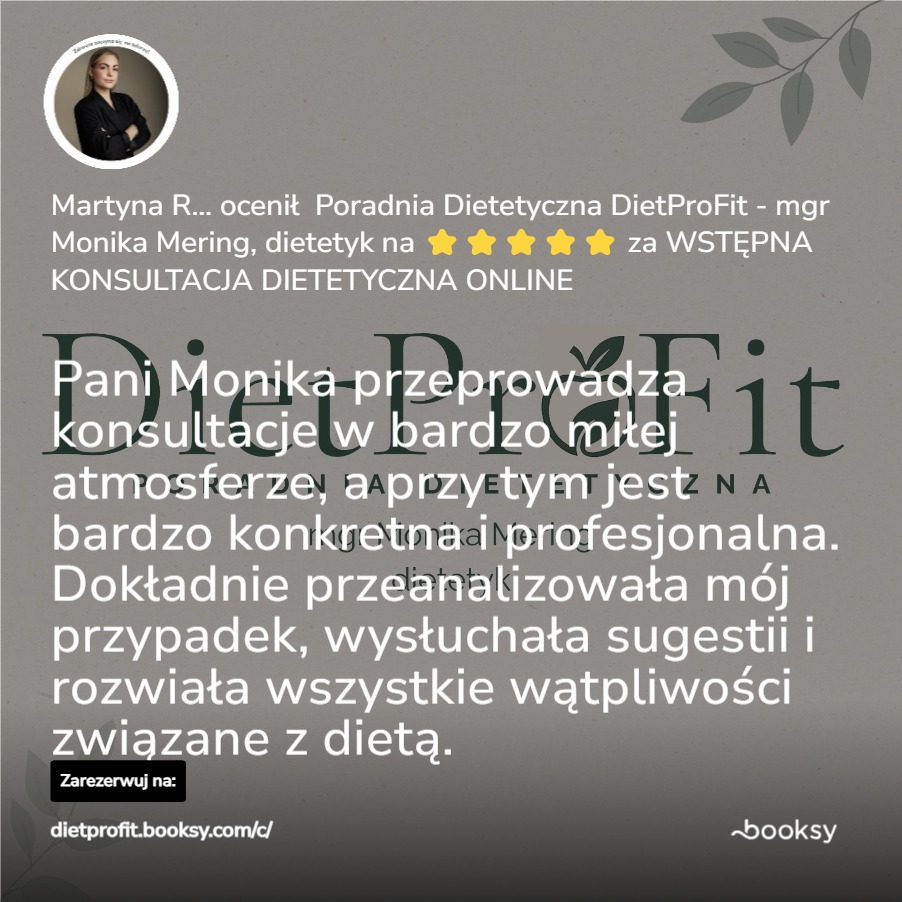 Opinia klientki Martyny R. o dietetyk Monice Mering z DietProFit, oceniająca konsultacje online jako profesjonalne i w miłej atmosferze. Link do rezerwacji.