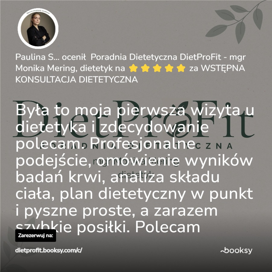 Opinia klientki o poradni dietetycznej DietProFit mgr Moniki Mering. Ocena 5 gwiazdek, polecenie wizyty, omówienie analizy składu ciała i planu żywieniowego.