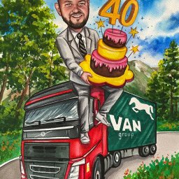 Notkaart - Akwarelowy portret mężczyzny w garniturze siedzącego na czerwonej ciężarówce z tortem urodzinowym i liczbą 40, w tle drzewa i góry.