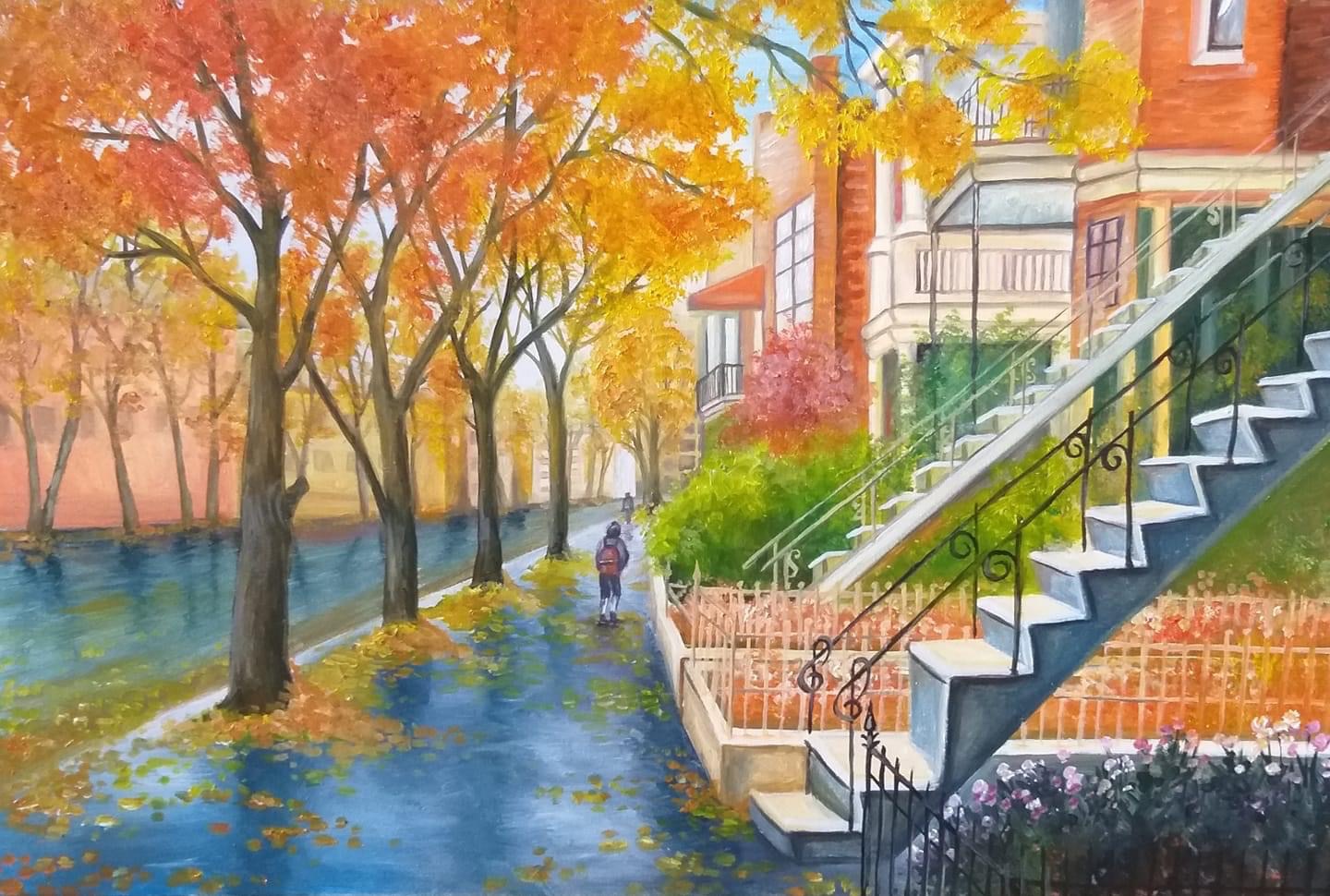 Jesienny pejzaż miejski z rzędem kamienic, namalowany w ciepłych barwach z widocznymi śladami pędzla.