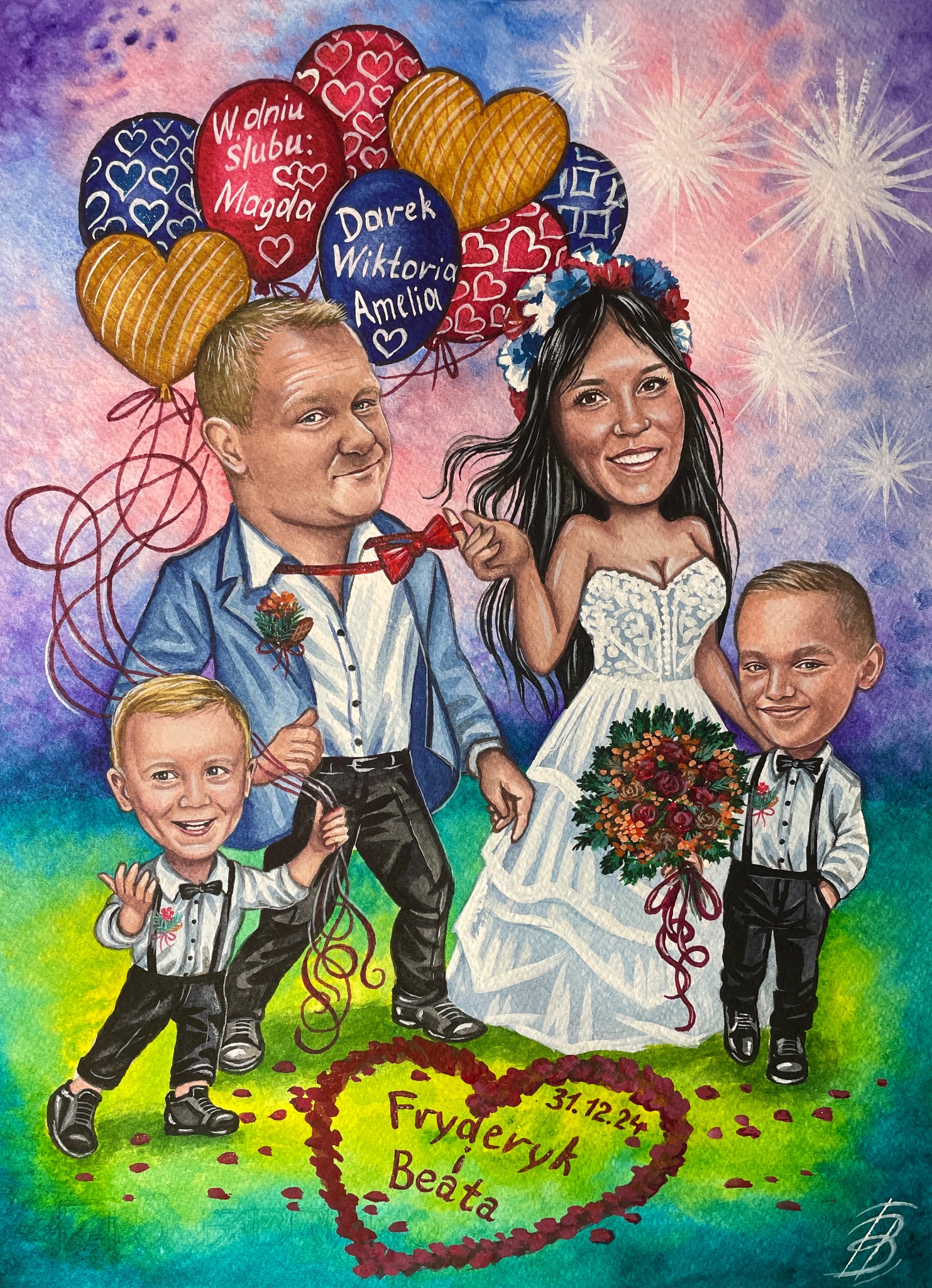 Akwarelowa karykatura ślubna przedstawiająca parę młodą z dwójką dzieci, z balonami z imionami i datą ślubu w kształcie serca na dole.