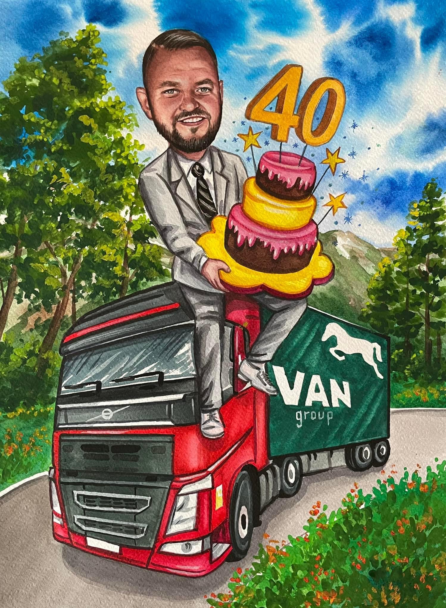 Akwarelowy portret mężczyzny w garniturze siedzącego na czerwonej ciężarówce z tortem urodzinowym i liczbą 40, w tle drzewa i góry.