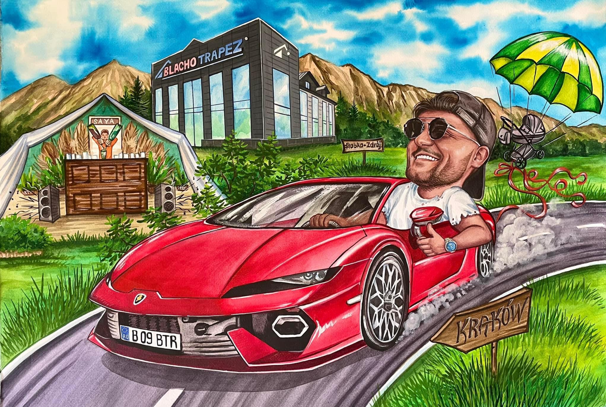 Akwarela przedstawiająca uśmiechniętego mężczyznę w czerwonym Lamborghini, obok drogowskazu na Kraków, z budynkiem 'Blacho Trapez' w tle i latającym wózeczkiem dziecięcym na spadochronie.