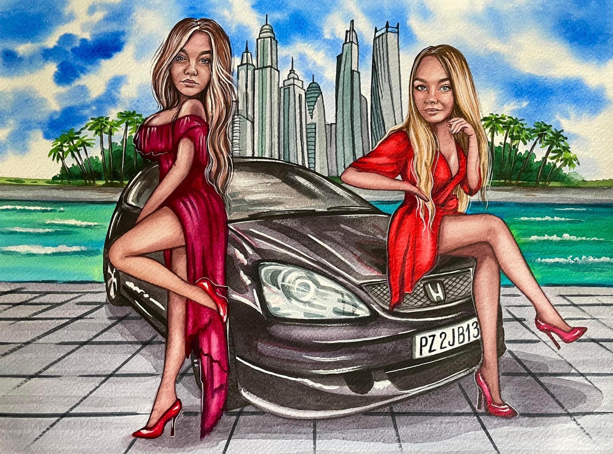 Akwarela przedstawia dwie kobiety w czerwonych sukienkach i szpilkach pozujące przy czarnym samochodzie na tle panoramy miasta i tropikalnej scenerii.