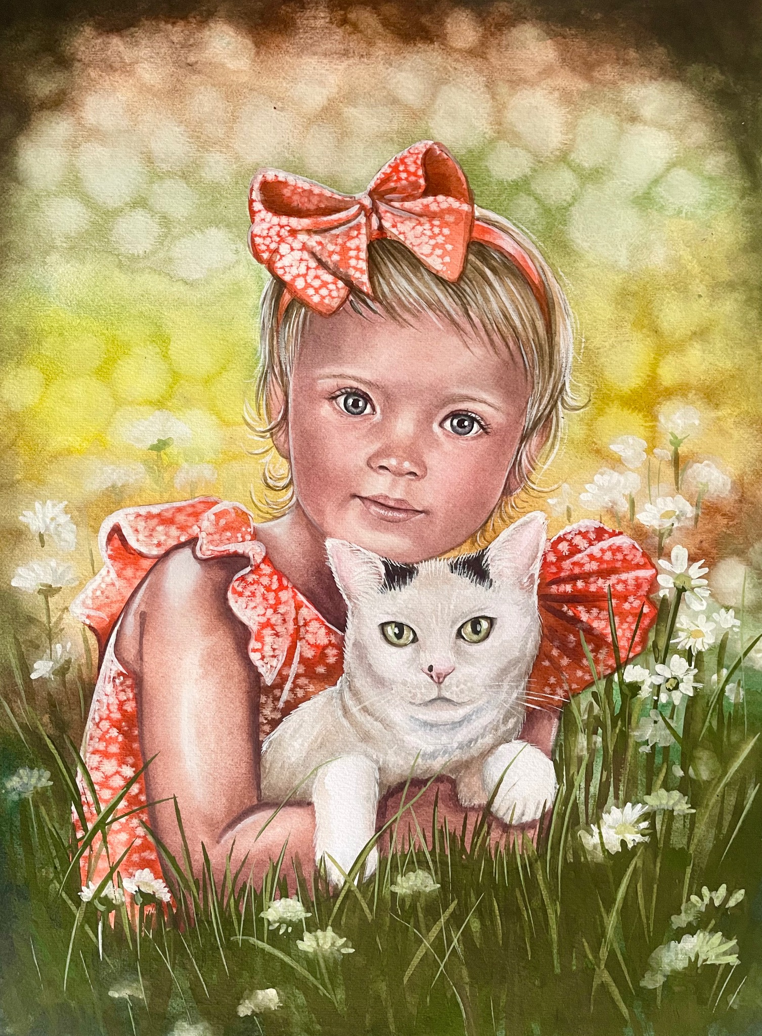 Akwarela przedstawiająca dziewczynkę w czerwonej sukience z kokardą, trzymającą białego kota z czarną plamką na głowie, na tle łąki z białymi kwiatami.