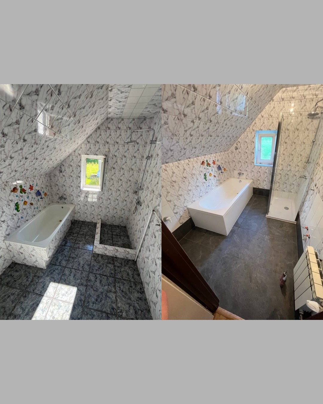 Wymiana całej instalacji wod-kan. Wymiana wanny, brodzika, płytek na podłodze i w miejsach z punktami wod-kan.