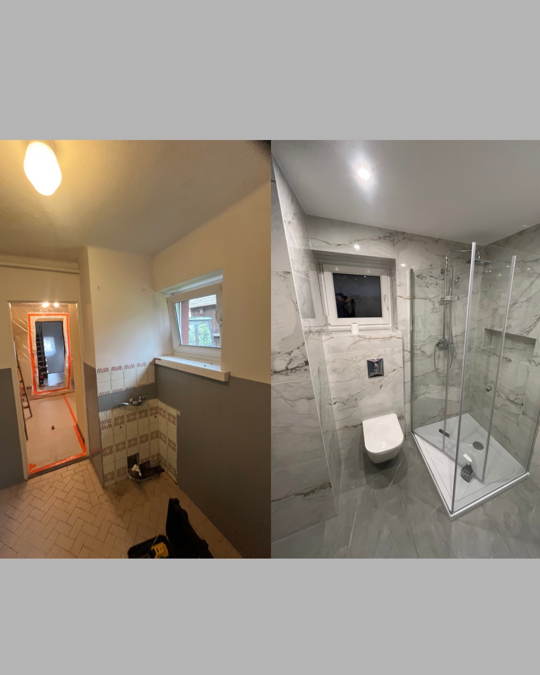 Zdjęcie 'przed i po' prezentujące metamorfozę łazienki: od surowego stanu z widoczną instalacją do wykończonej, nowoczesnej przestrzeni z kabiną prysznicową.