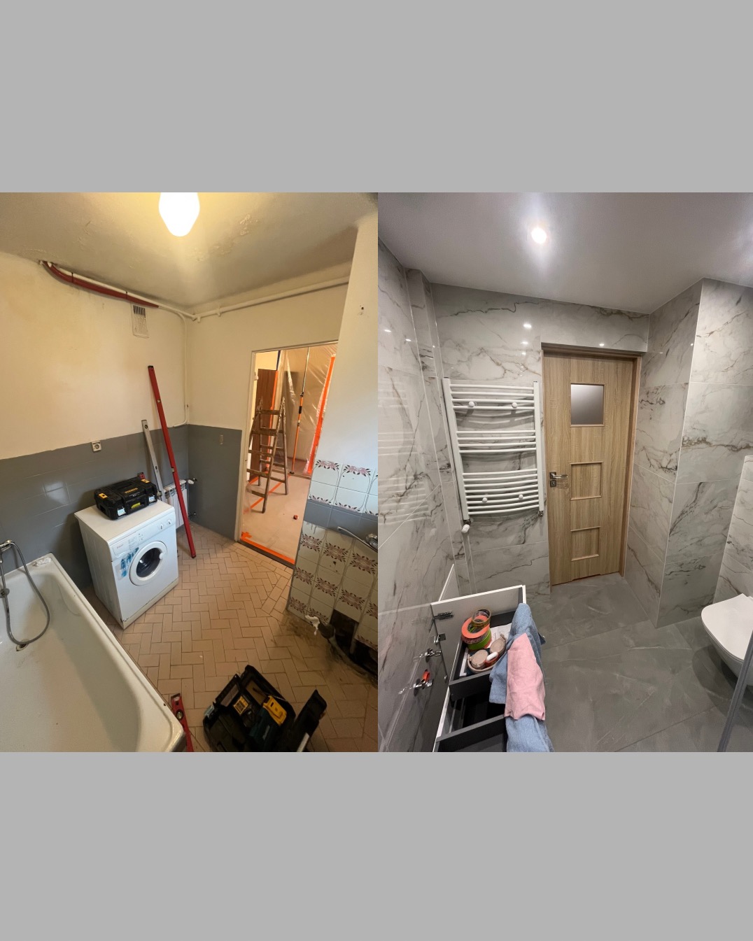 Zdjęcie 'przed i po' prezentujące metamorfozę łazienki: od stanu surowego z pralką i drabinką, do wykończonej, nowoczesnej przestrzeni z marmurowymi płytkami i nową armaturą.