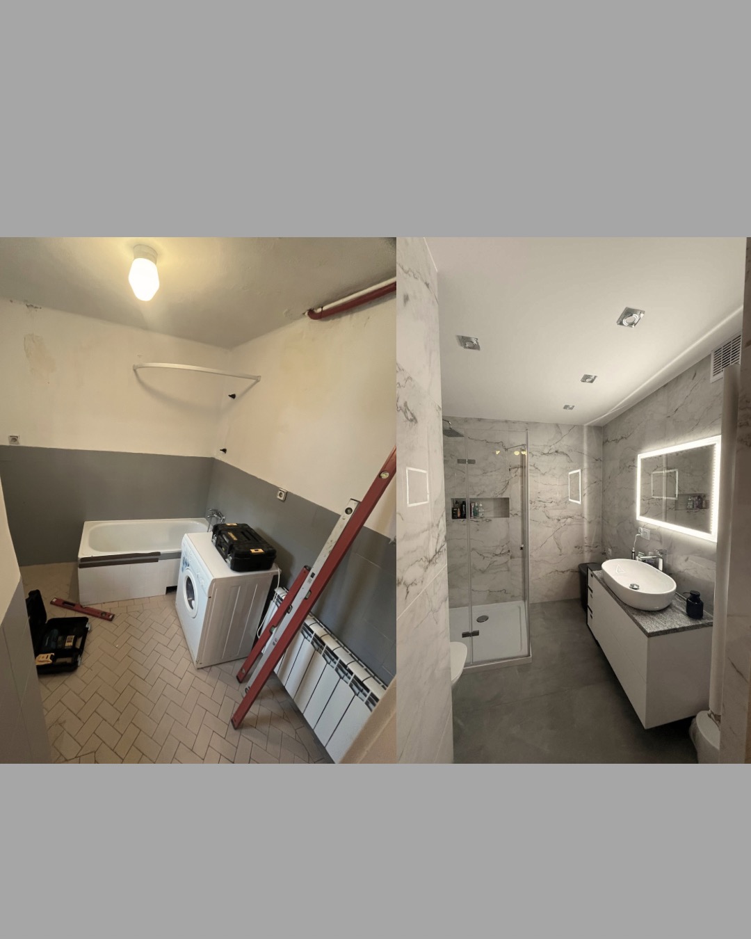 Łazienka przed i po remoncie: od surowego stanu z pralką i drabinką, do nowoczesnego wnętrza z kabiną prysznicową i podświetlanym lustrem.