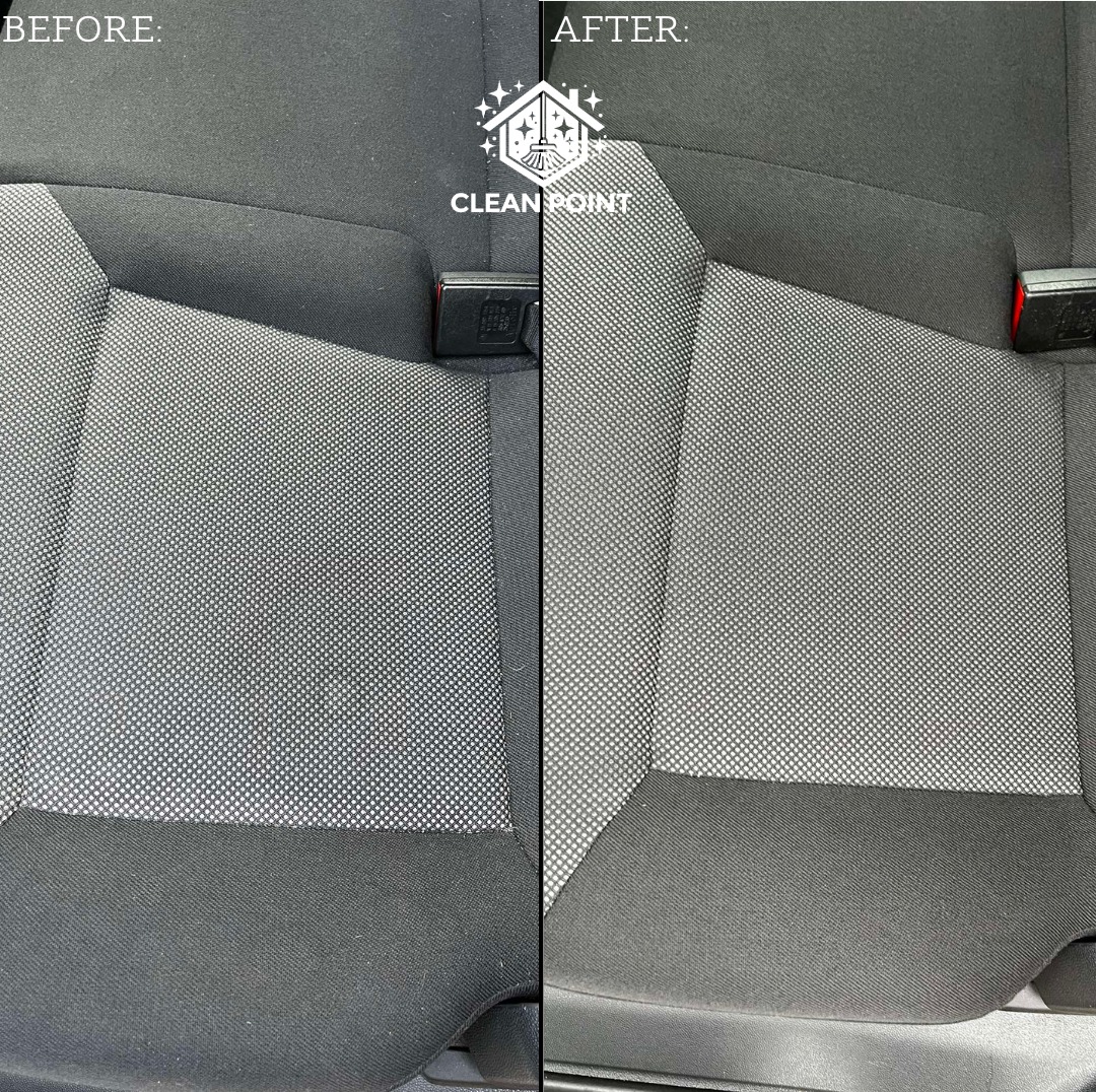 Tapicerka samochodowa, porównanie przed i po czyszczeniu. Lewa strona jest wyraźnie brudniejsza od prawej, na której widać logo firmy Clean Point.