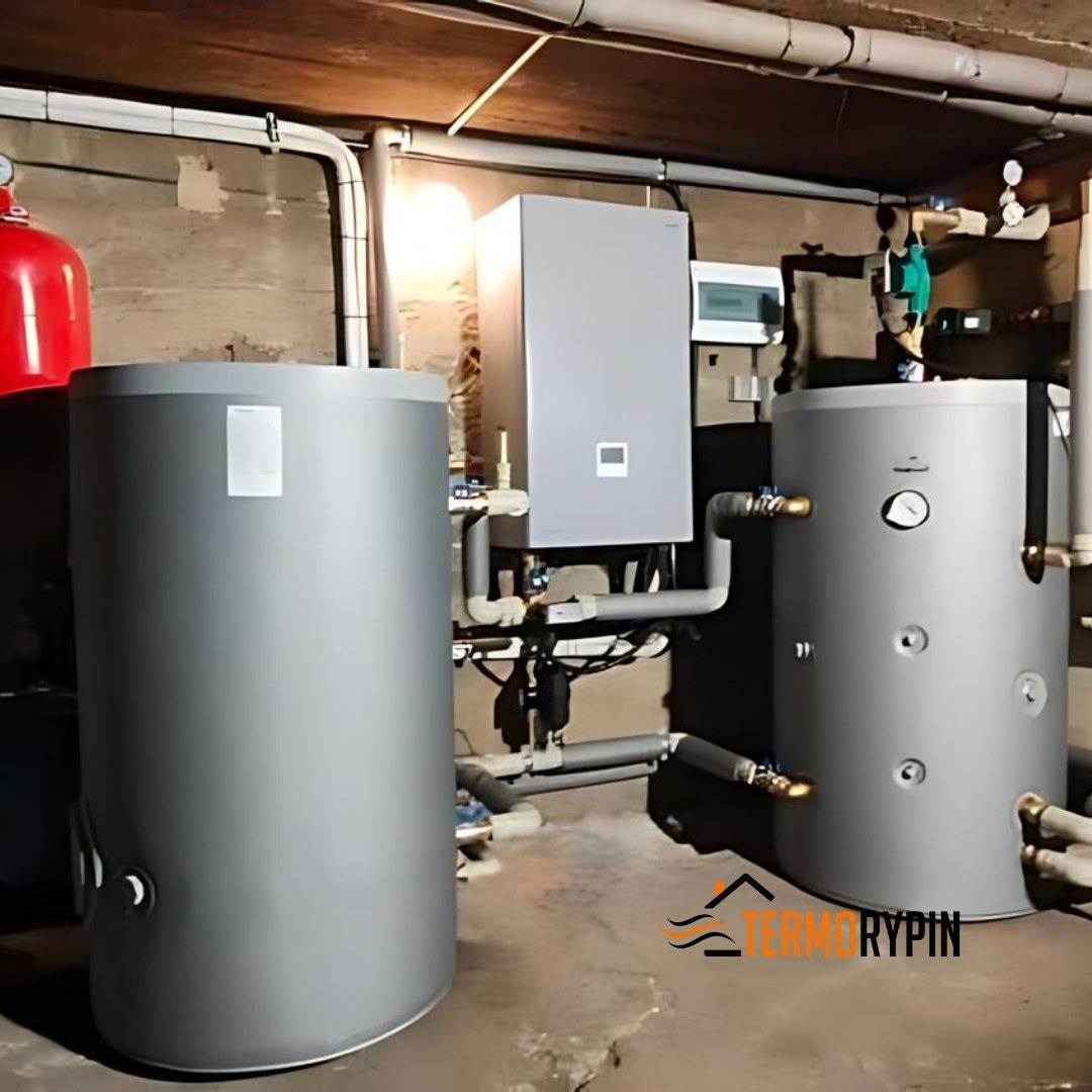 Instalacja dwóch szarych zbiorników akumulacyjnych ciepła w kotłowni z widoczną instalacją hydrauliczną i jednostką sterującą na ścianie, logo firmy w prawym dolnym rogu.
