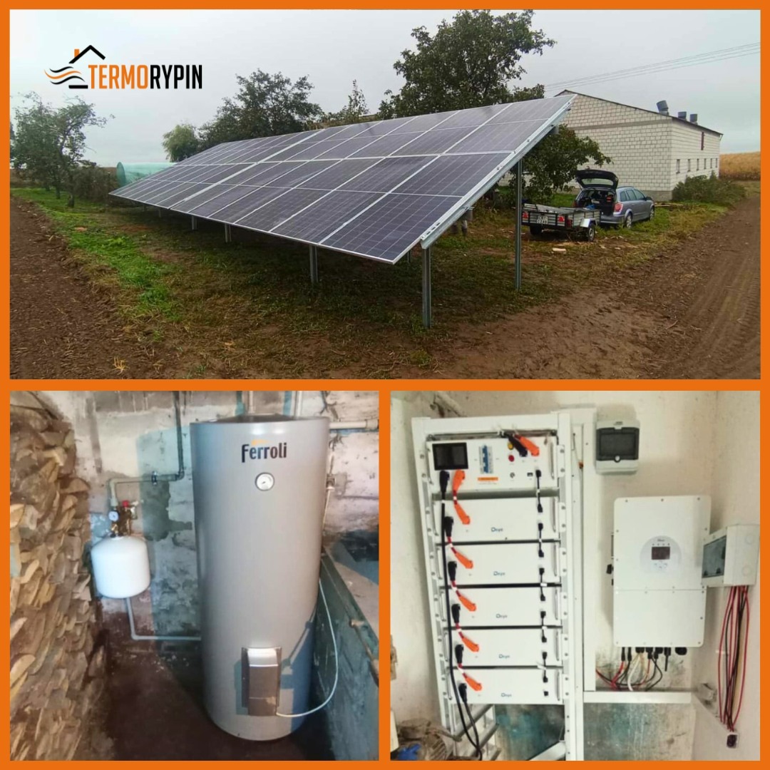 Instalacja fotowoltaiczna na gruncie z magazynem energii i zasobnikiem ciepłej wody Ferroli w piwnicy, widok z zewnątrz i wewnątrz budynku.
