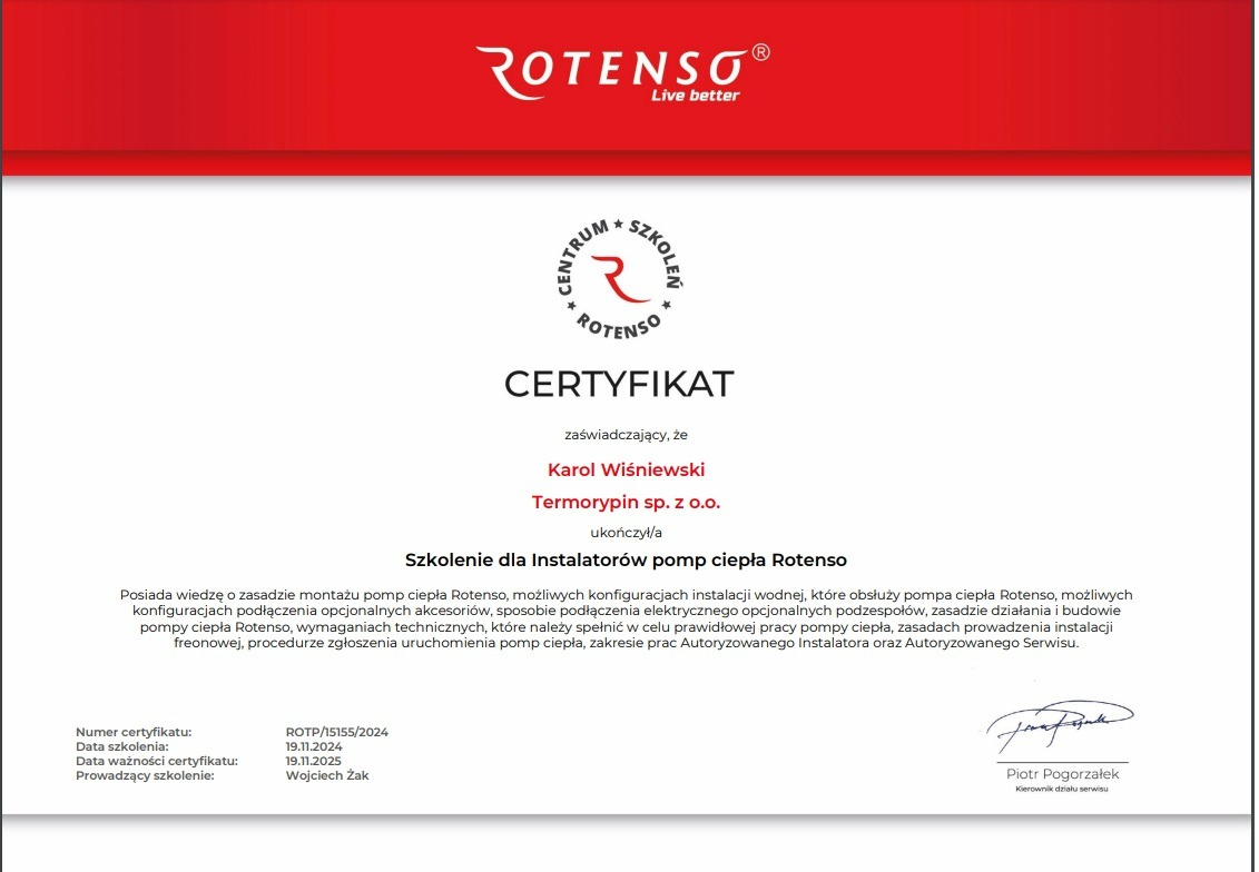 Certyfikat ukończenia szkolenia dla instalatorów pomp ciepła Rotenso, wydany dla Karola Wiśniewskiego przez Termorypin sp. z o.o., z datą ważności do 19.11.2025.