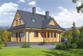 Gotowy, parterowy dom z drewna z dwuspadowym dachem pokrytym ciemną dachówką, z dwoma kominami i małym oknem dachowym. Widoczne drewniane zdobienia nad oknami na poddaszu, niewielki taras z przodu...