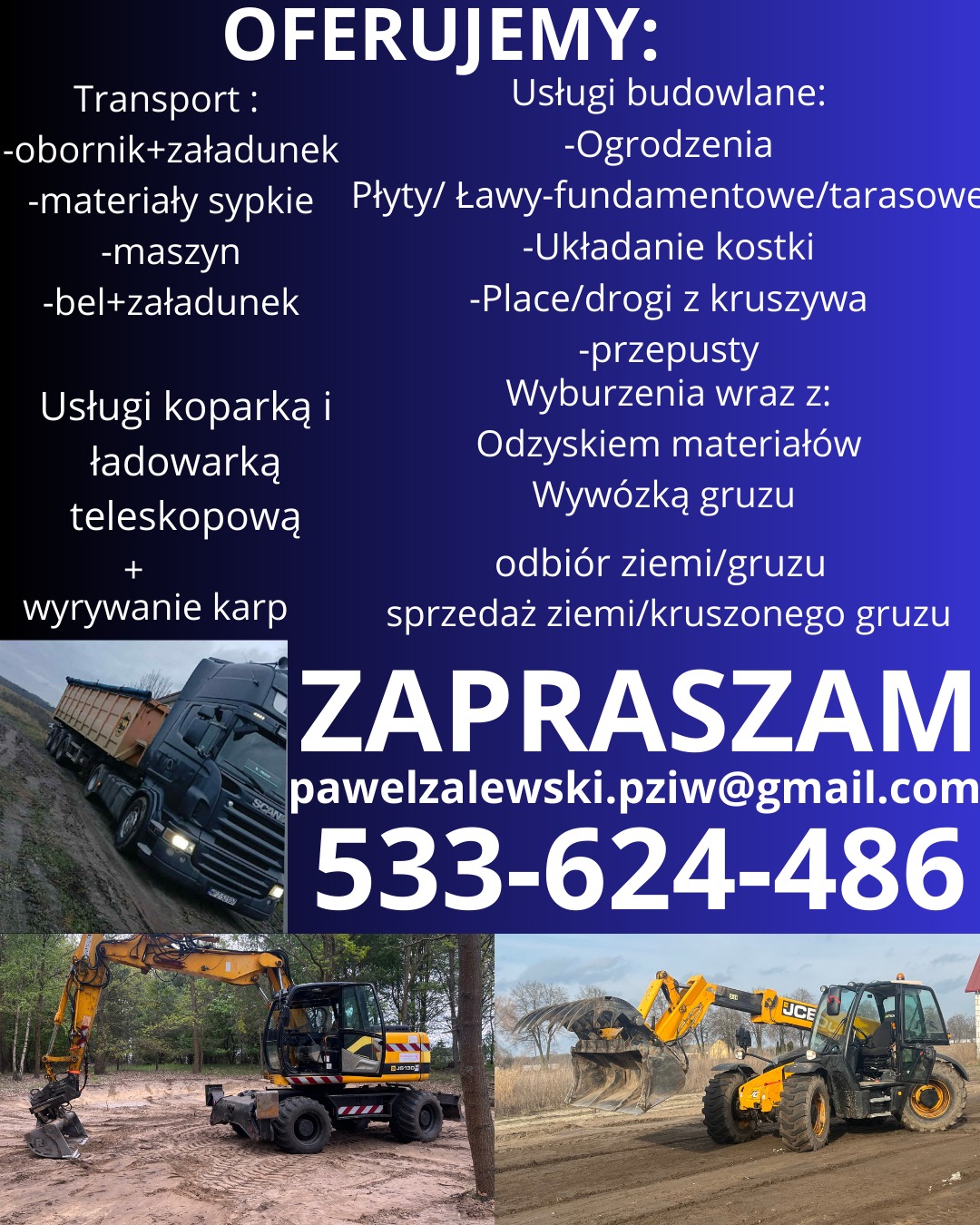 Oferta usług budowlanych: transport, fundamenty, układanie kostki, wyburzenia, ogrodzenia, usługi koparką. Na dole zdjęcia maszyny budowlane.