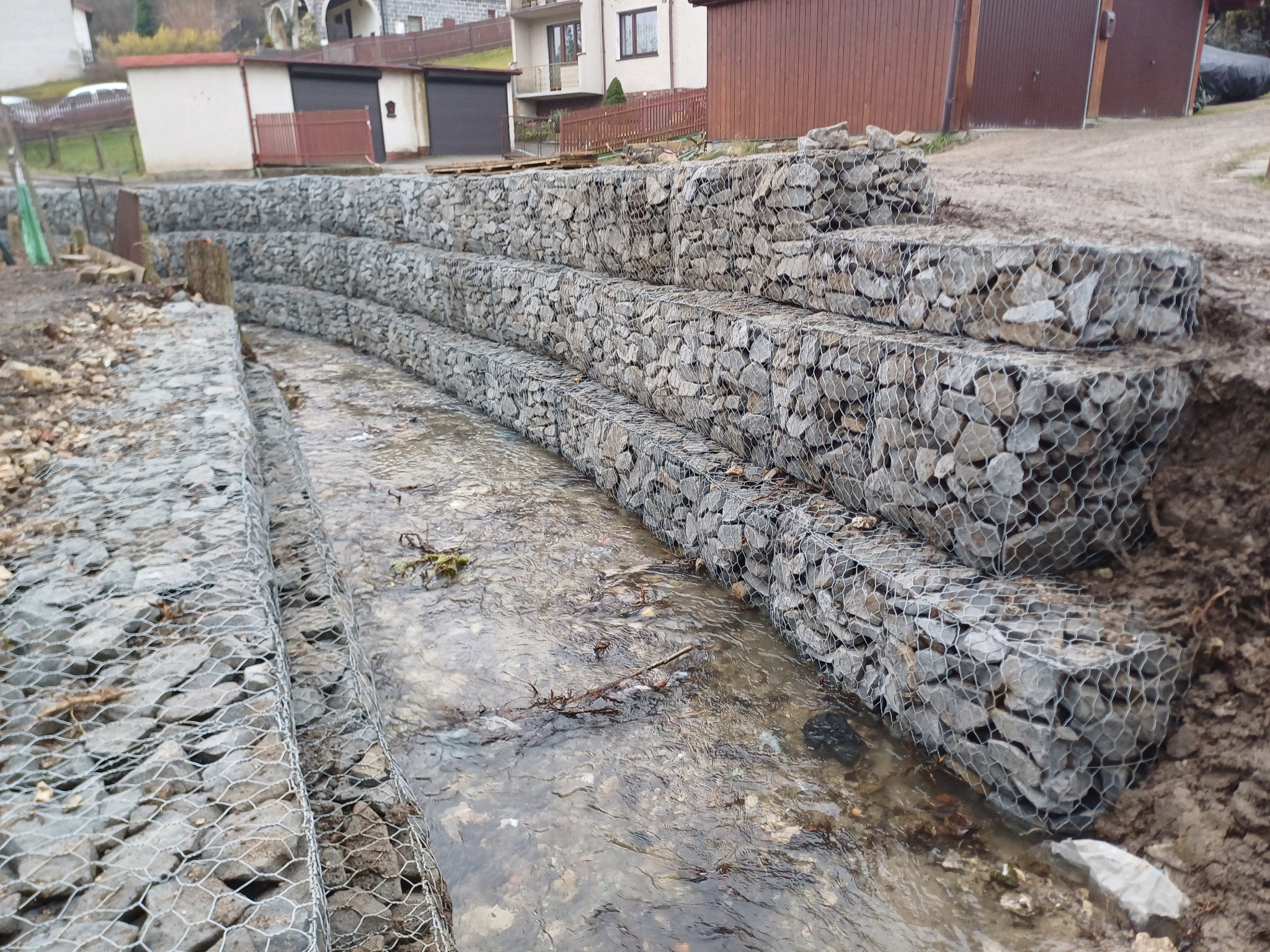 Kaskadowe umocnienie brzegów cieku wodnego za pomocą gabionów wypełnionych kamieniem, zabezpieczenie przed erozją.