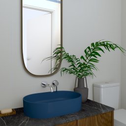 Maeva Home Staging - Nowoczesna łazienka z owalną, niebieską umywalką na blacie z ciemnego marmuru, lustrem w cienkiej ramie i zieloną rośliną w wazonie.